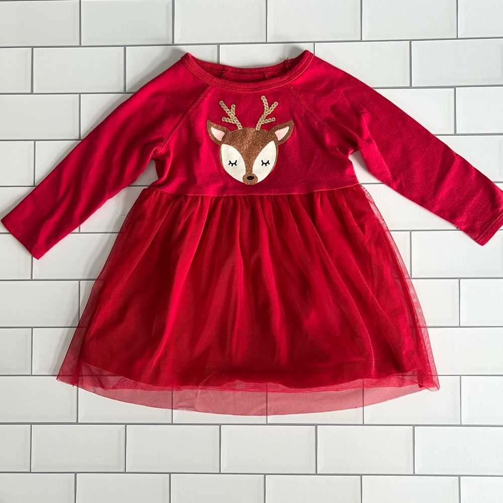 9M🦌❤️ Carter’s Glitter Sequin Reindeer Tulle Skirt Red Long Sleeve Baby Dress